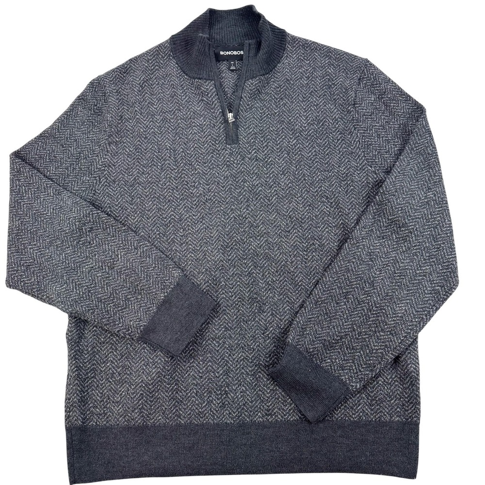 Bonobos Sweater Mens Large Gray Extra Fine Merino Wool 1/4 Zip Mock Neck 24611